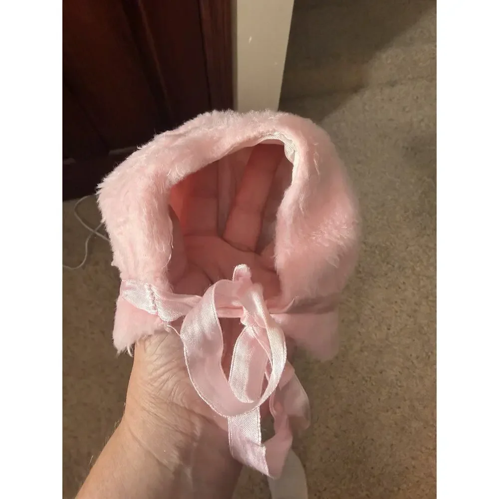Vtg Antique Baby Bonnet Faux Fur Heirloom White Silk Ribbon Satin Lined 70s